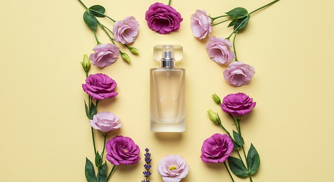 A chic bottle of women's perfume and a delicate bouquet of Austoma flowers on a pastel background. Top view. A copy of the space. Layout of the product