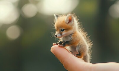 Obraz premium A tiny fox cub perched on the tip of someone's finger