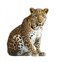 Obraz premium Leopard sitting on white background, looking alert and focused