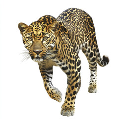 Obraz premium Leopard walking on white background, showcasing its spotted fur