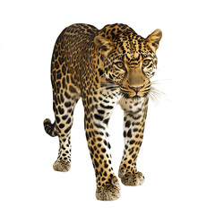 Obraz premium Leopard walking on white background, showcasing its spotted fur