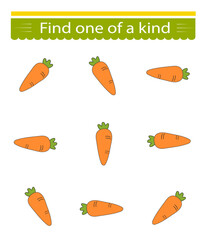 Fun education game for kids. Need to find one of a kind carrot. Kids activity page.