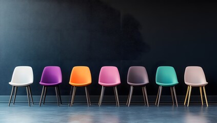 Colorful chairs lined up in modern room (1)