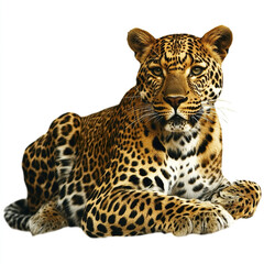 Naklejka premium Leopard resting on white background, showcasing its spotted fur