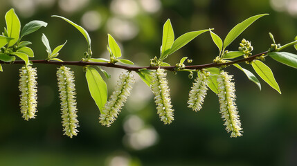 Fototapeta premium Delicate Willow Branch with Fresh Green Leaves, Soft Sunlight, and Blurred Spring Blossoms, Evoking Serenity and Renewal
