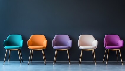 Colorful chairs in a row against a dark wall (1)