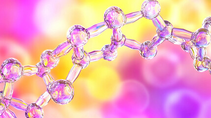 Colorful abstract background with bubbles and molecular structure, featuring beads and glass-like atoms in blue and purple, representing science, chemistry, and fashion