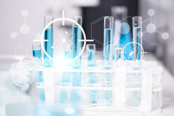 Laboratory test tube beakers with blue liquid science research chemistry chemical flask microscope virus bacteria icon