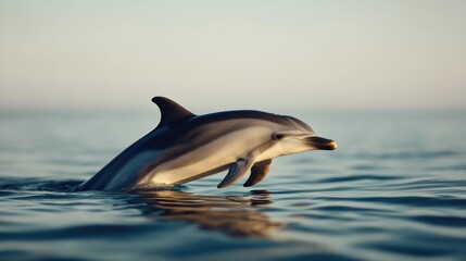 Fototapeta premium Dolphin gracefully leaps above calm ocean surface, illuminated b