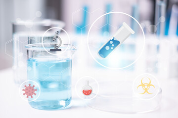 Laboratory test tube beakers with blue liquid science research chemistry chemical flask microscope virus bacteria icon