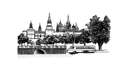 Engraved vector artwork depicting a historic skyline with architecture and nature in an urban setting