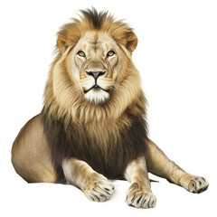 Obraz premium majestic lion lies on white background, exuding strength