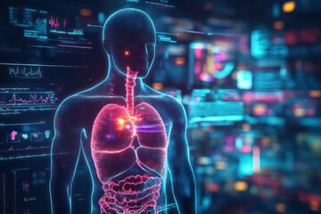 A futuristic holographic representation of a personâ€™s digestive system, highlighting bacterial overgrowth in the stomach