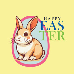 Happy Easter greeting card, poster, cover, web or social media banner. Art design with modern typography, hand drawn Easter bunny and egg