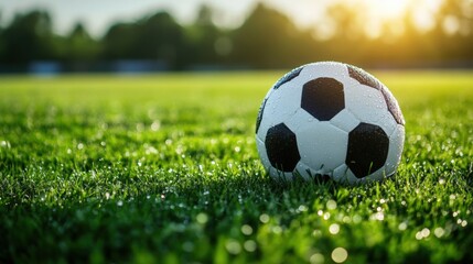 Fototapeta premium Soccer ball on dewy grass (1)