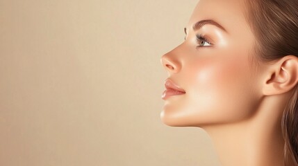 Fototapeta premium Beautiful woman with flawless skin on a beige background, close-up portrait of a beautiful girl looking away and smiling, with space for a text banner, in side view. Portrait of a young beauty model