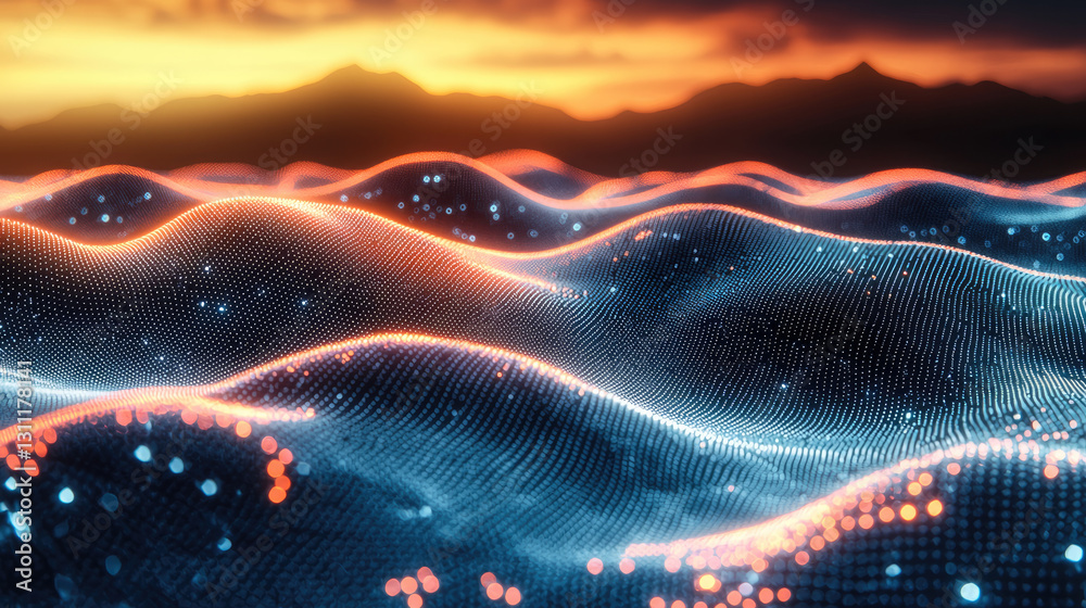 Poster abstract digital landscape with glowing waves and sunset backdrop, creating serene atmosphere
