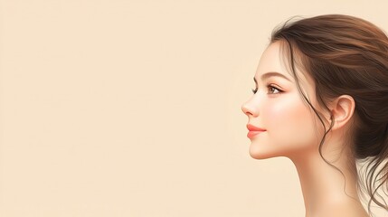 Naklejka premium Beautiful woman with flawless skin on a beige background, close-up portrait of a beautiful girl looking away and smiling, with space for a text banner, in side view. Portrait of a young beauty model