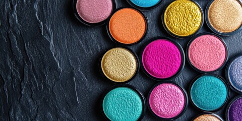 Colorful makeup palette with vibrant eyeshadow shades arranged neatly