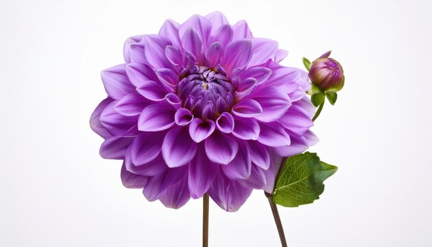 Studio shot of a vibrant purple dahlia with a long stem, set against a clean background. The delicate petals and rich color create a striking contrast, highlighting its natural beauty. - Powered by Adobe