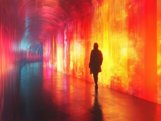 A person walking through a tunnel with vibrant lights, great for travel or technology-related concepts