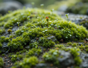 Mossy Rock Surface with Tiny Plants Growing