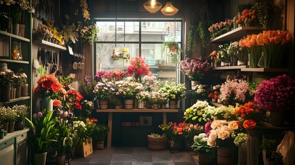 Vibrant flower shop interior filled with colorful blooms, showcasing floral arrangements and greenery