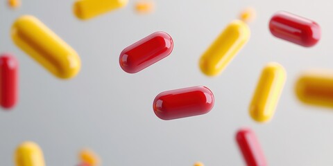 Colorful capsules floating in the air against a light background