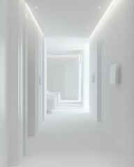 A long corridor with white walls and floor