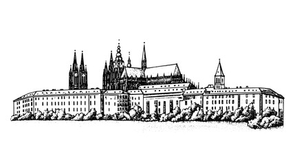 Fototapeta premium Stunning engraved vector tattoo design featuring a historic castle skyline