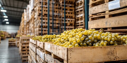 Fresh green grapes stored in wooden crates at a warehouse
