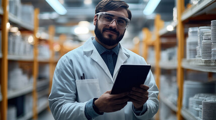confident man in lab coat and safety glasses holds tablet in storage area, showcasing professional atmosphere