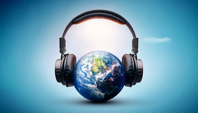 World Music: A global concept art of earth wearing headphones and listening to music, celebrating the universal language of sound and its power to connect us all.