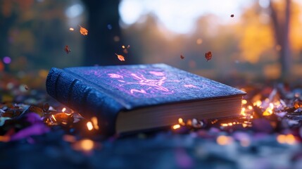 Enchanted Floating Book of Runes: Mystical Symbols and Artifacts in Illuminated Room