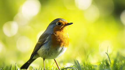 Obraz premium European robin in sunlight on grass with blurred background
