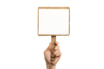 Hand holding a wooden sign with blank white paper, isolated on transparent background