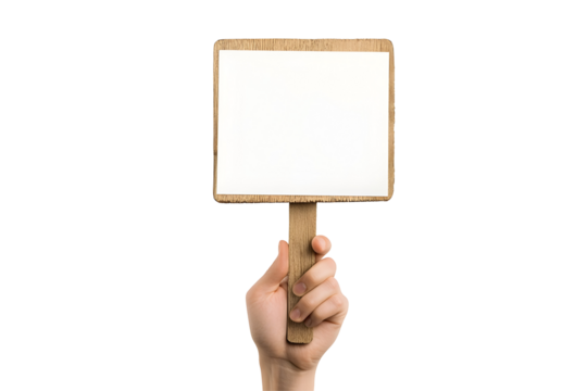 Hand holding a wooden sign with blank white paper, isolated on transparent background