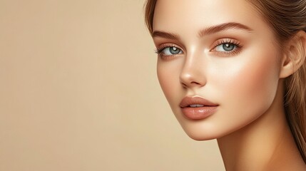 Naklejka premium Beautiful young woman with perfect, clean, fresh skin on a beige background. Close-up portrait of a beautiful girl model after a spa and beauty treatment in a salon. Beauty concept,