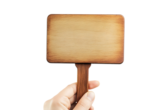 Hand holding a wooden sign with blank white paper, isolated on transparent background