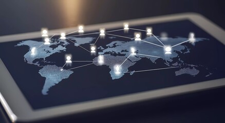 Abstract Digital World Map with Global Network of People Icons on Tablet Screen: Business Technology Concept for Work Connections