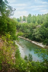 A stormy mountain river in a gorge. Natural landscape