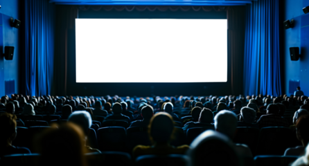 Audience watching illuminated white cinema screen in dark blue movie theater, realistic photo
