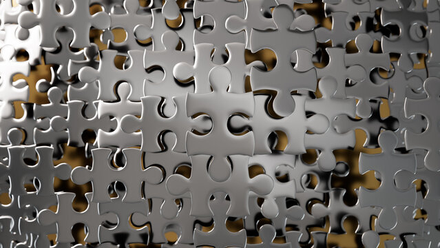Metallic Puzzle Pieces in 3D: An Abstract Assembly of Complexity and Connection