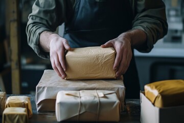 Obraz premium Artisan Craftsman Packaging Handmade Goods Brown Paper Natural work boxes hands rustic design 