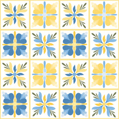 Seamless floral tile pattern with blue and yellow symmetrical flower motifs. Elegant decorative design inspired by traditional ceramic tiles. Perfect for wallpapers, textiles, and backgrounds.