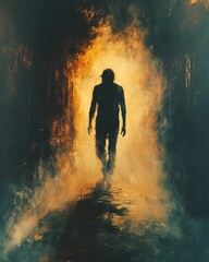 Obraz premium A person walks through a dimly lit tunnel, the entrance and exit points are not visible