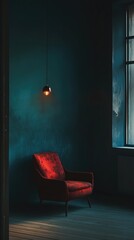 A single red chair placed in front of a window
