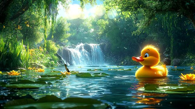 Adorable rubber duck floating in a peaceful jungle lagoon with gentle waterfall and lush greenery. Seamless looping 4K time-lapse animation video background