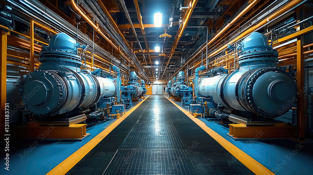 Poster image showcases modern engine room with large machinery and intricate piping, creating sense of indu