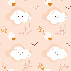 Gender neutral bohemian baby seamless pattern with kawaii cloud faces leaves.